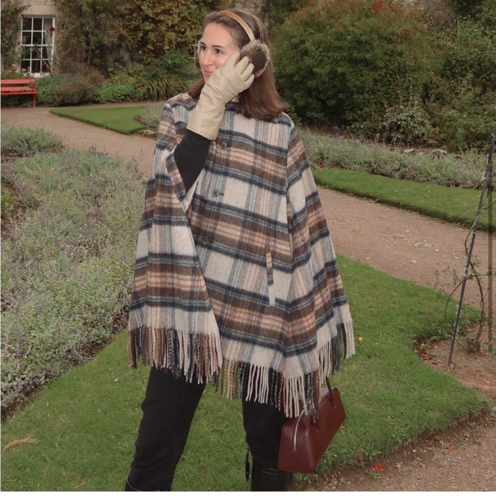 Doen Kent Cape Maclaine Plaid Fringe Wool Coat Size XS/S NWT